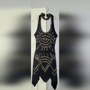 Black Rhinestone Dance Costume Fringe Flapper Dress Sleeveless Bloomers Under